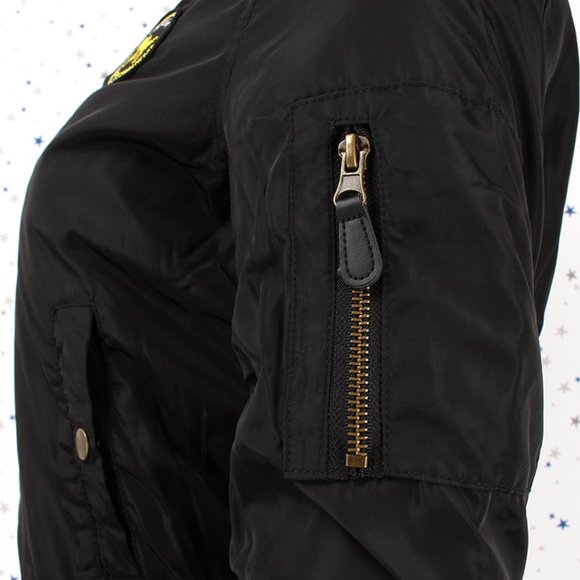 Fur Lined Short Bomber Jacket Patches Black - Picture 9 of 12